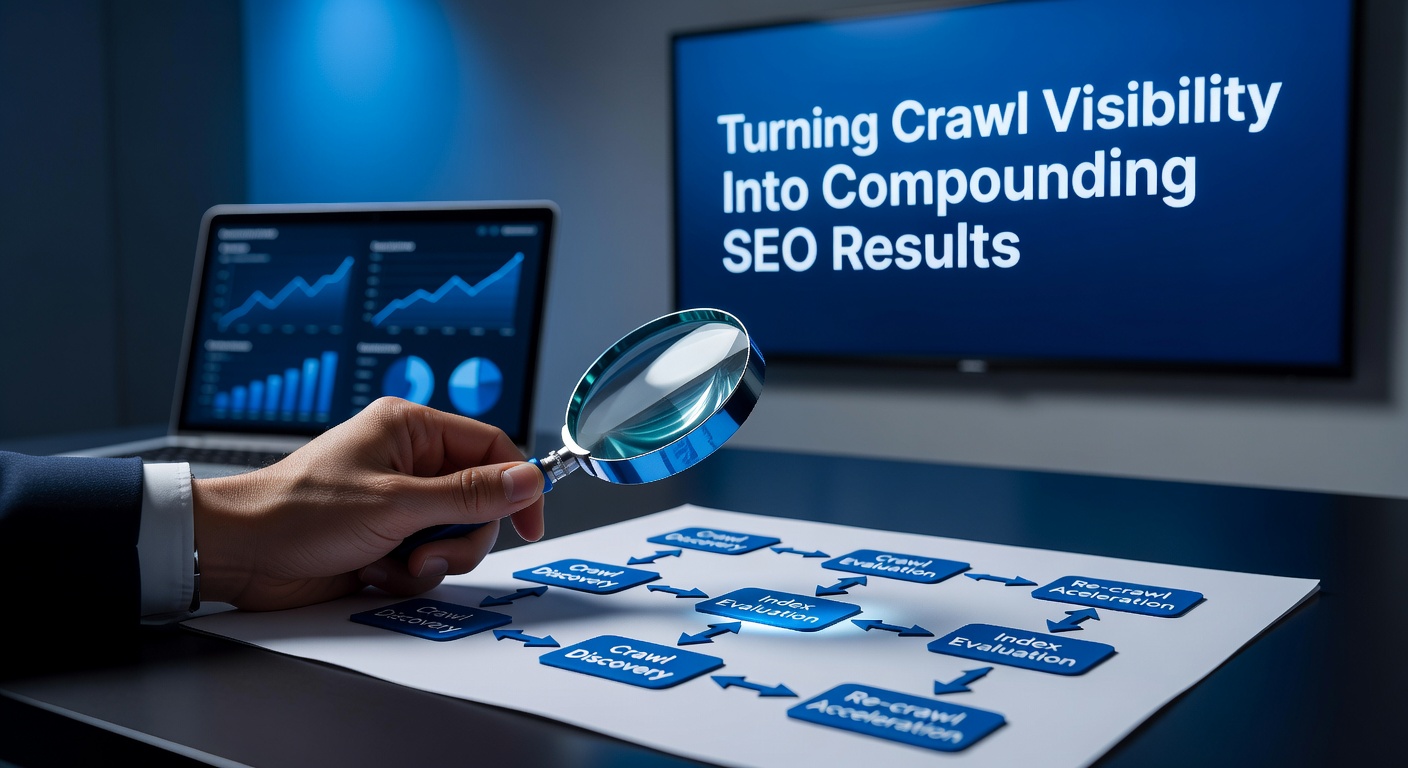 Magnifying glass over crawl visibility and SEO result workflow