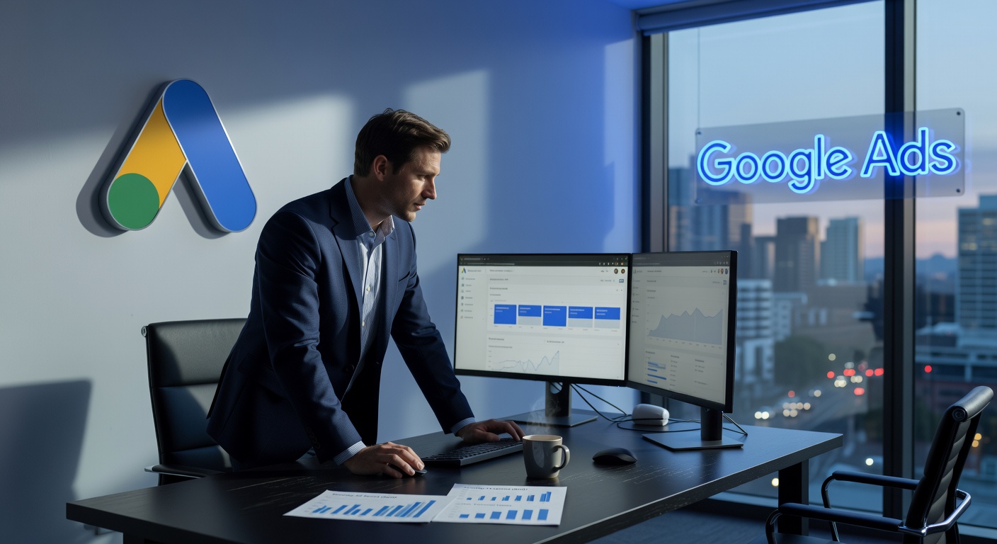 Consultant reviewing Google Ads dashboards in a Sydney office