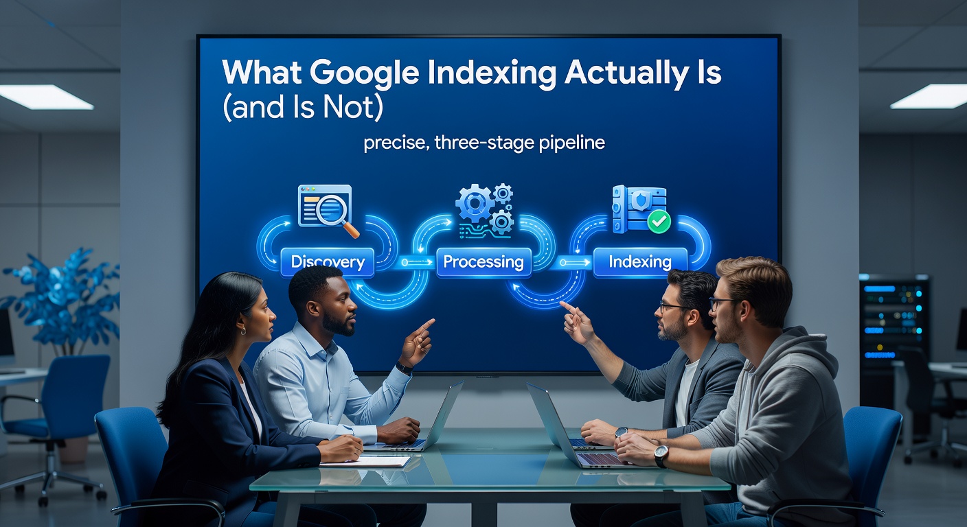 Team reviewing the crawl render and index pipeline for Google indexing