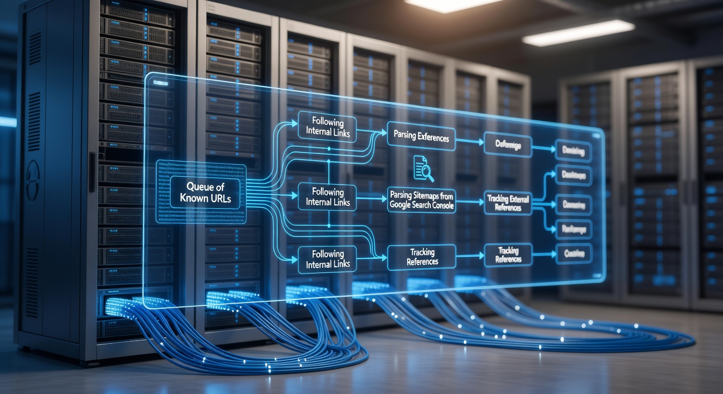 Server room diagram showing how Googlebot crawls a site through internal links and sitemaps