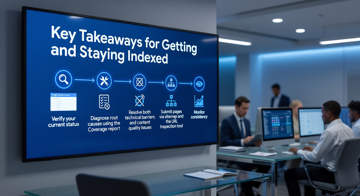 Presentation screen showing key takeaways for getting and staying indexed
