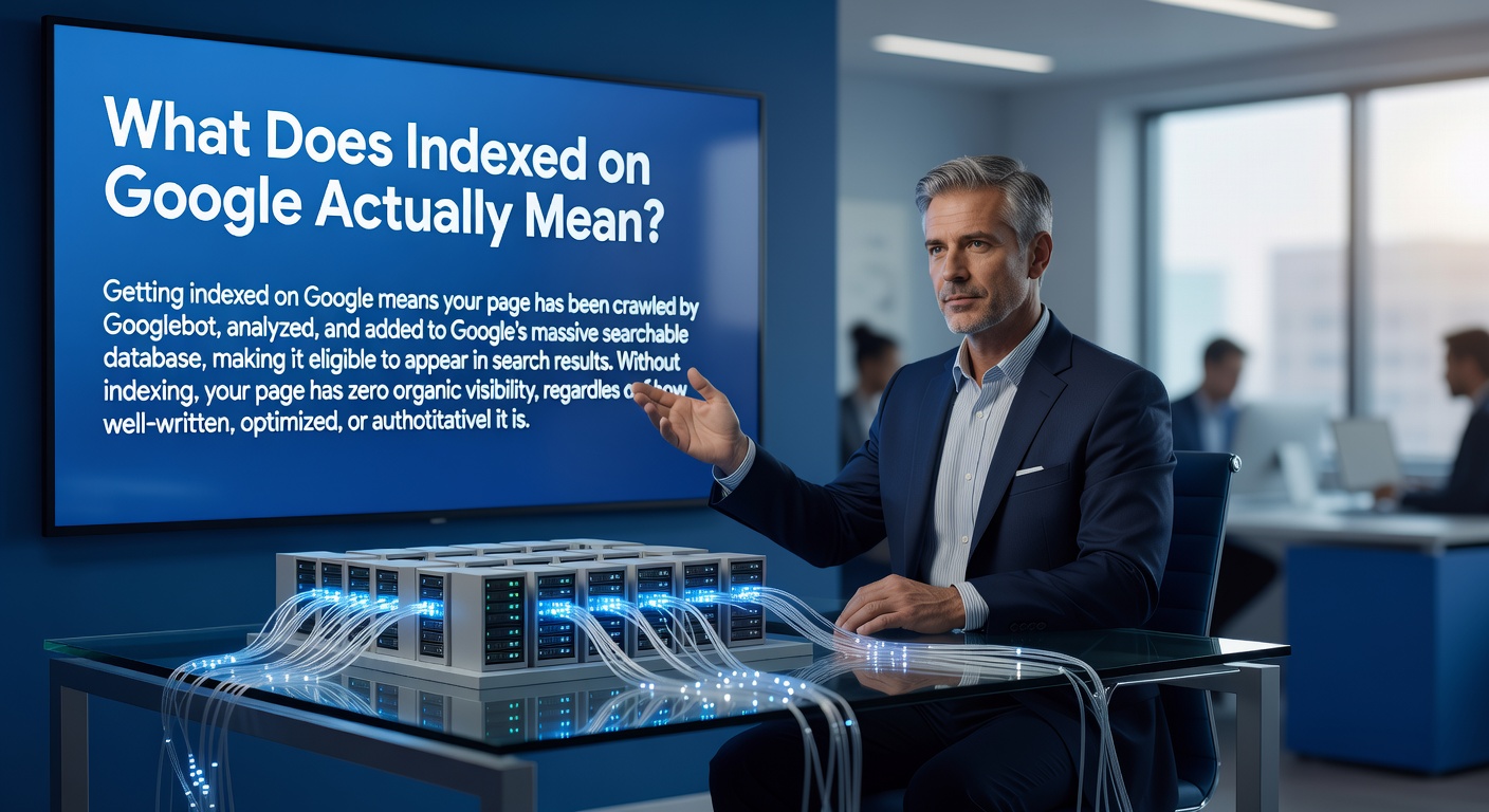 Presentation explaining what indexed on Google means with server and search database visuals