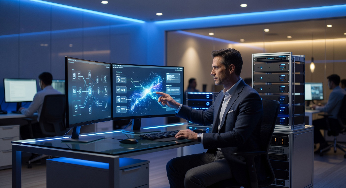 Marketing operator managing an AI-powered marketing tools stack across connected screens