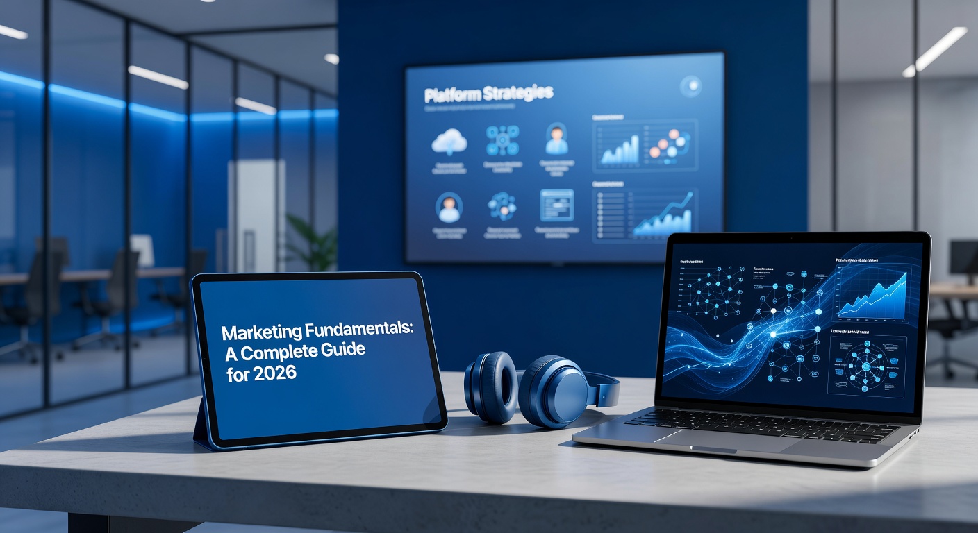 Marketing fundamentals guide displayed on tablet and laptop in a strategy workspace