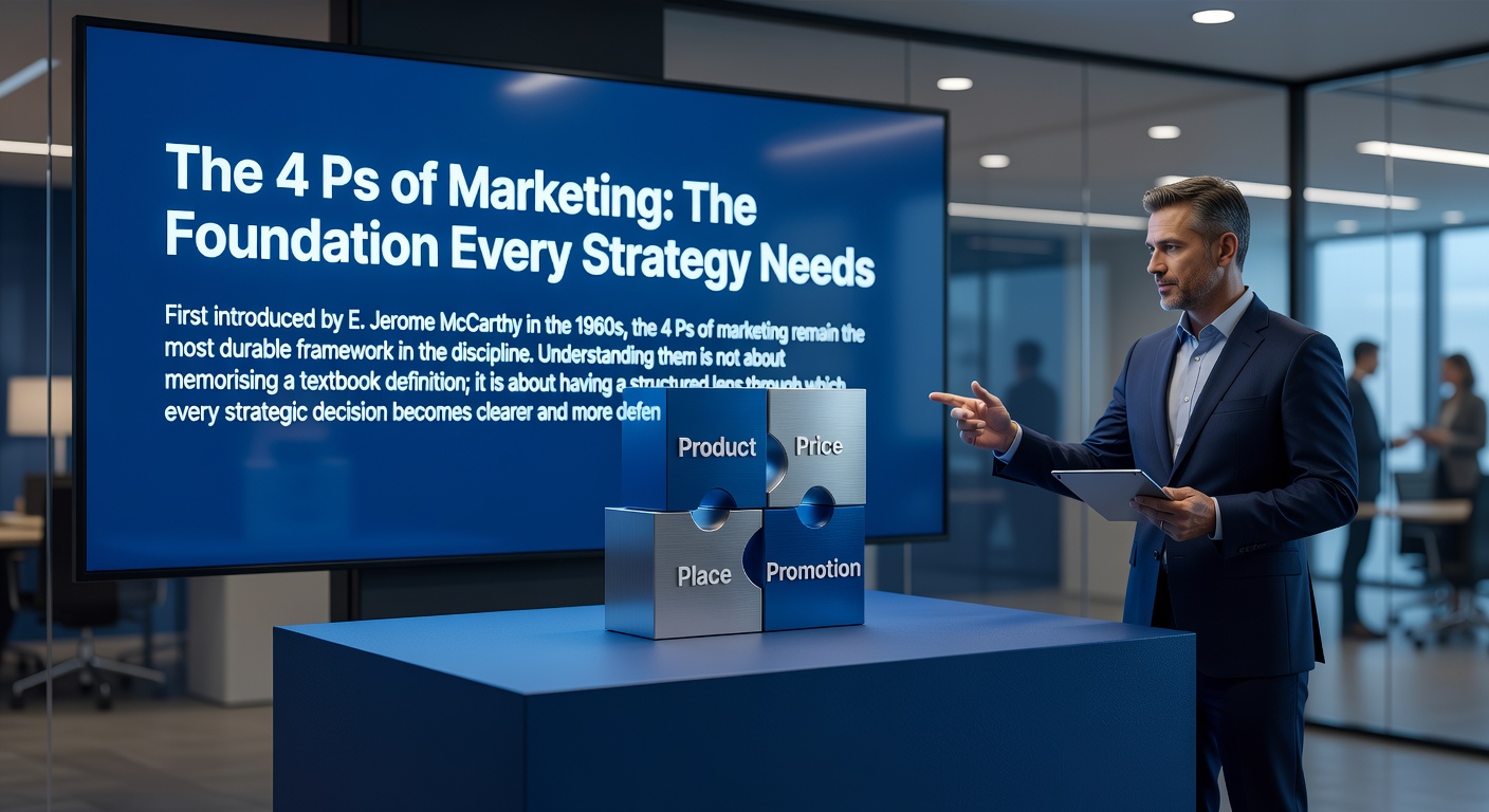 Presentation explaining the 4 Ps of marketing with product price place and promotion blocks