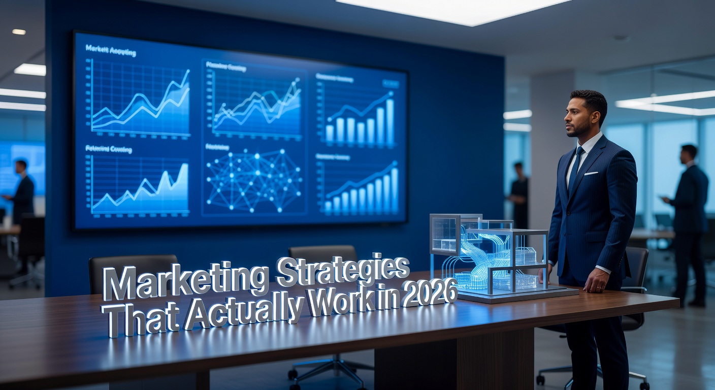 Marketing strategy command room with analytics dashboards and 2026 strategy display