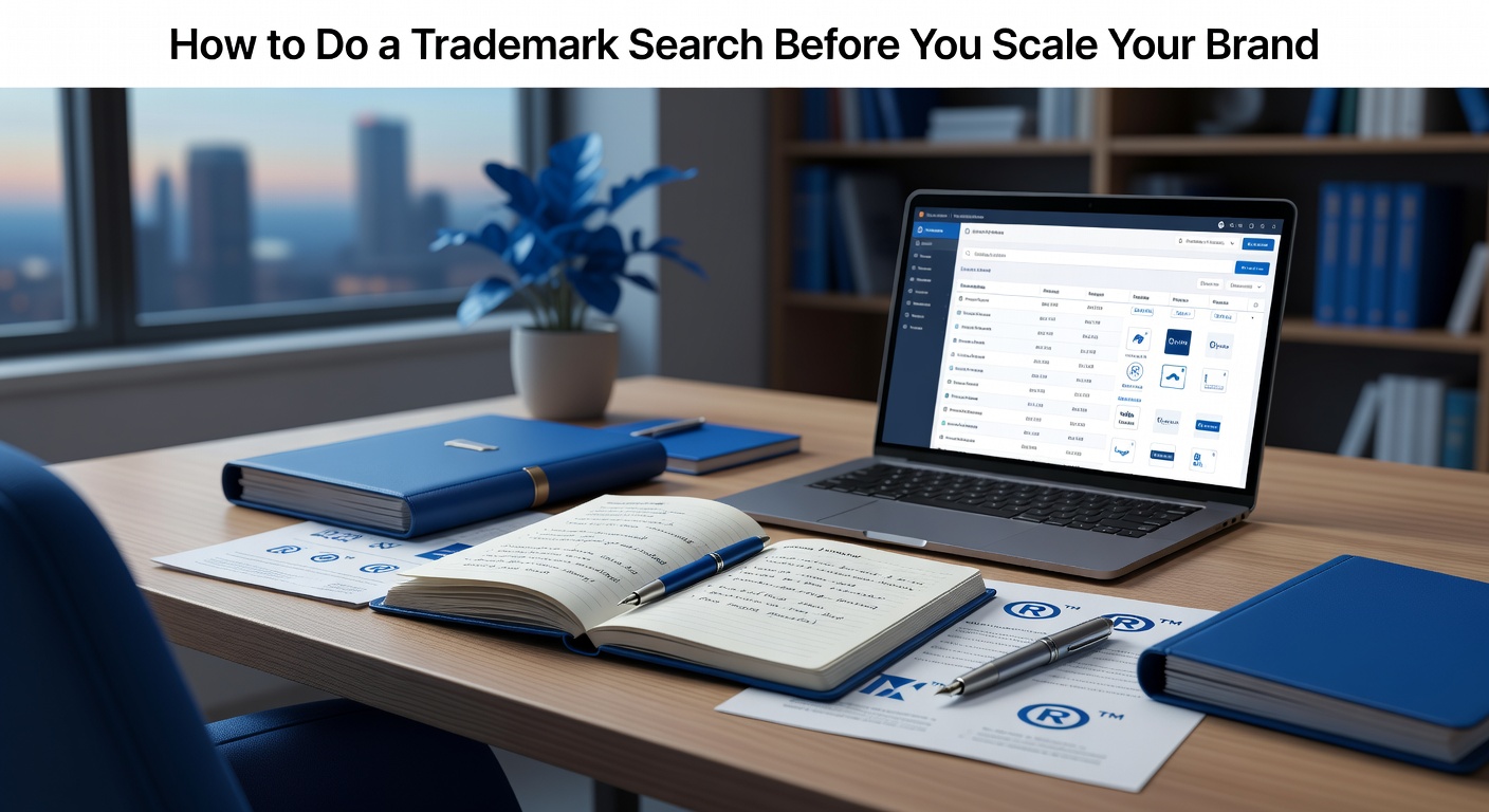 Trademark search workspace with laptop, legal notes, and brand documents