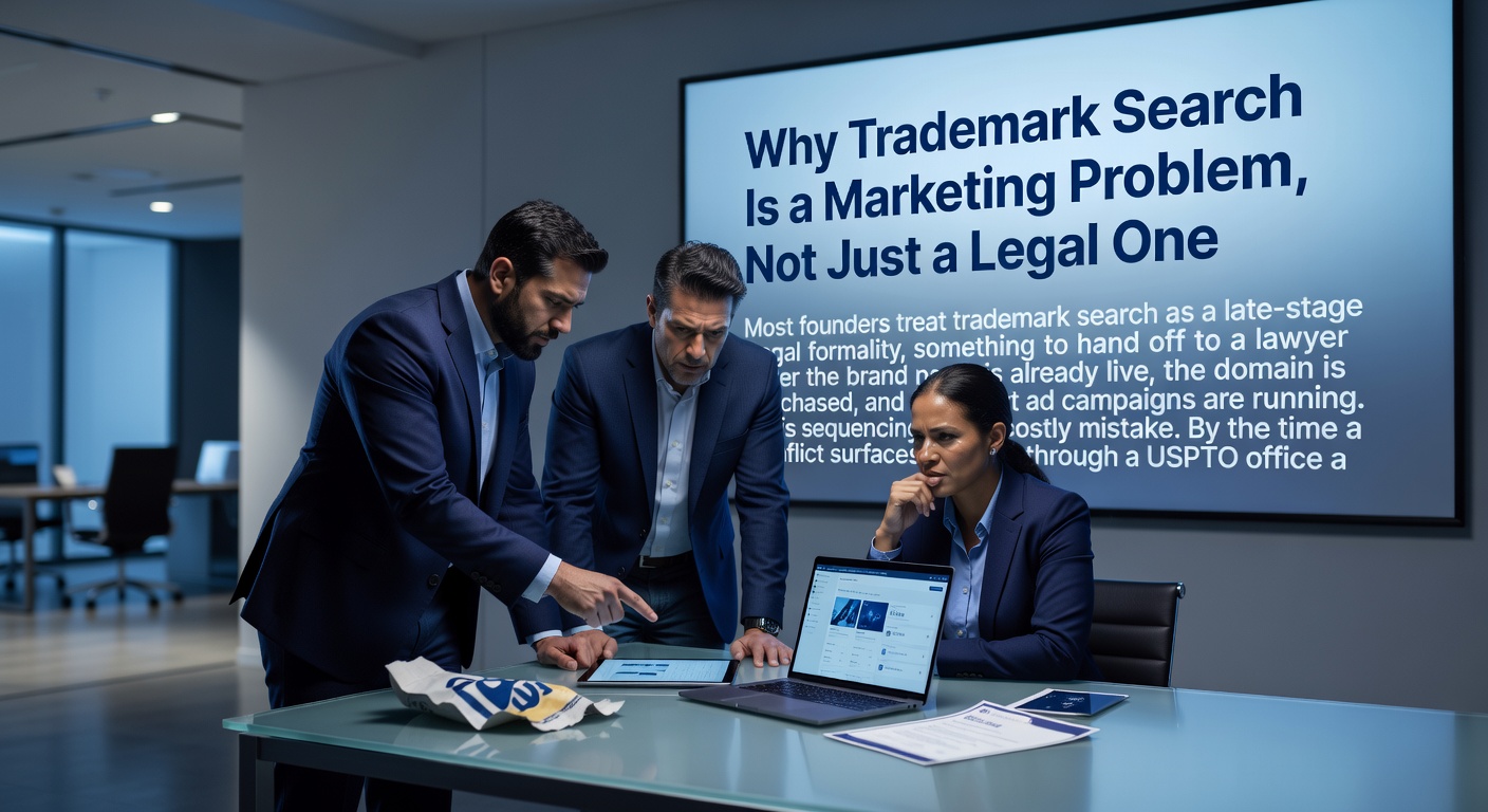 Business team reviewing trademark search risks as a marketing problem