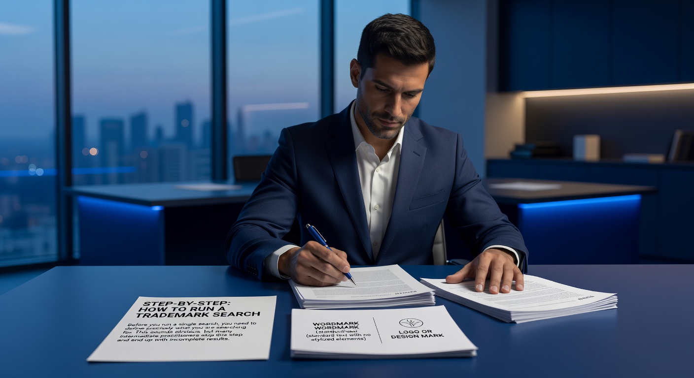 Founder reviewing documents for a step-by-step trademark search