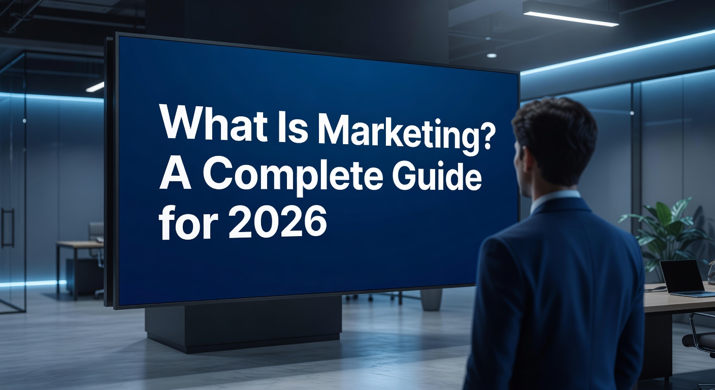Professional viewing a screen that reads What Is Marketing? A Complete Guide for 2026